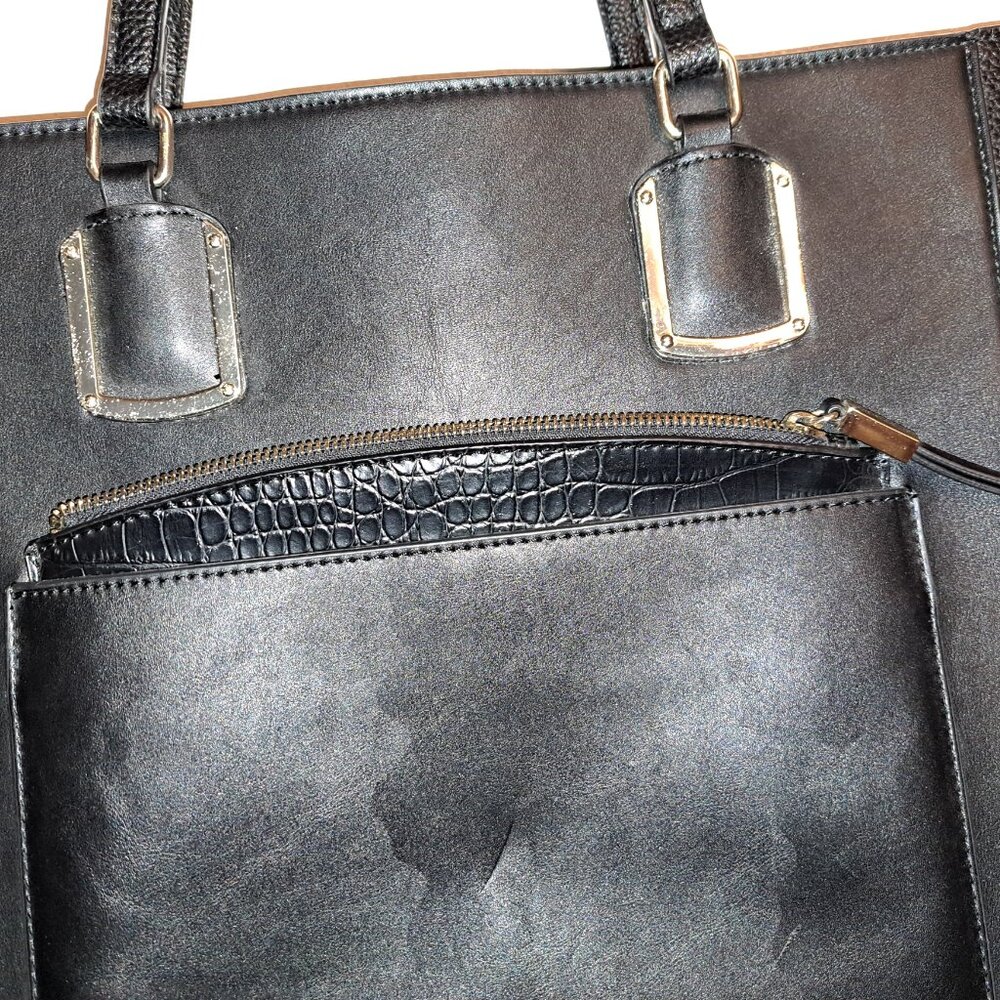 Nine West Womens Black Leather Double Strap Bottom Stud Tote Bag Removable Pouch - Picture 2 of 9